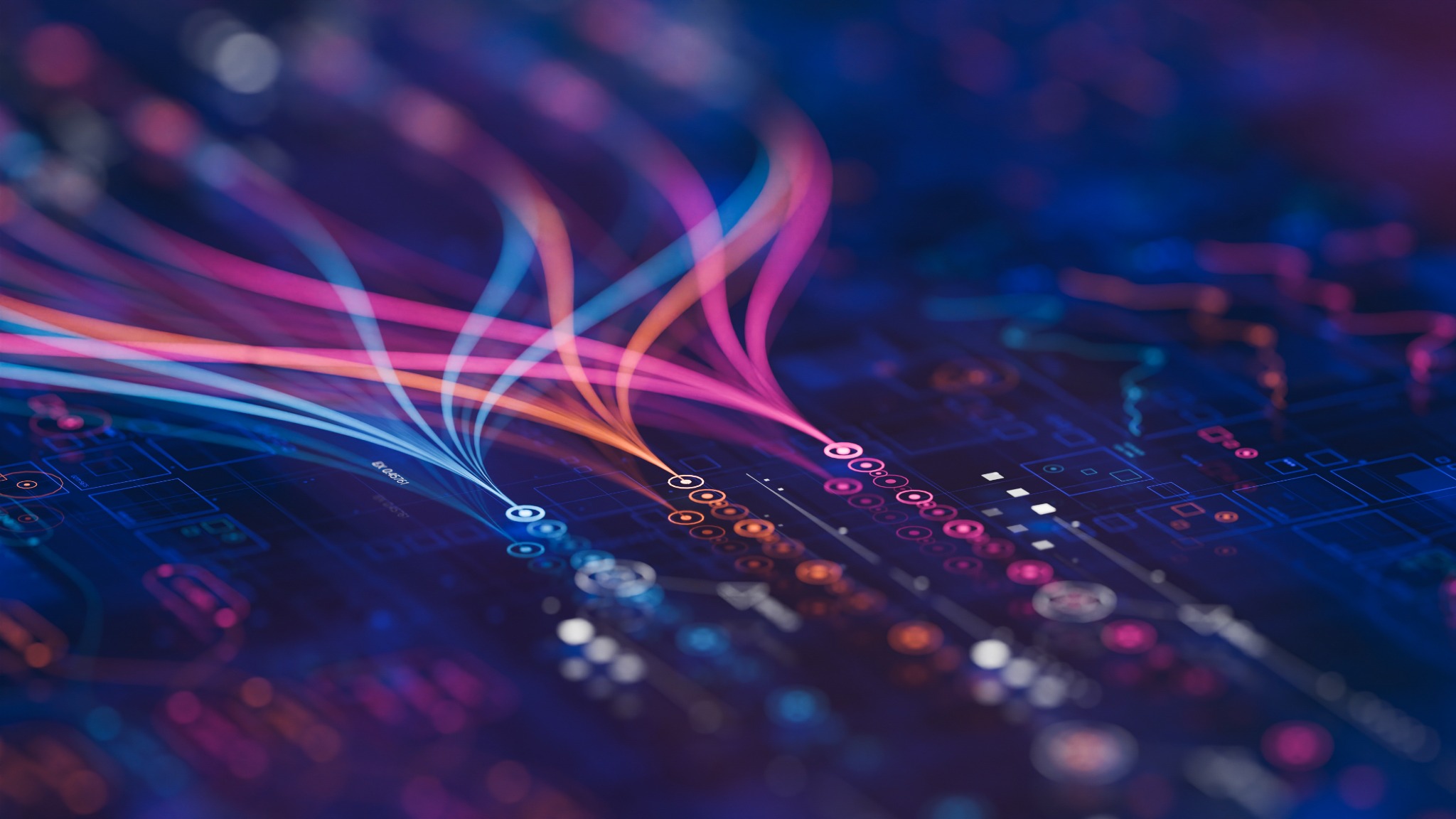 Abstract visualization of connected data pathways in blue, pink, and orange tones.