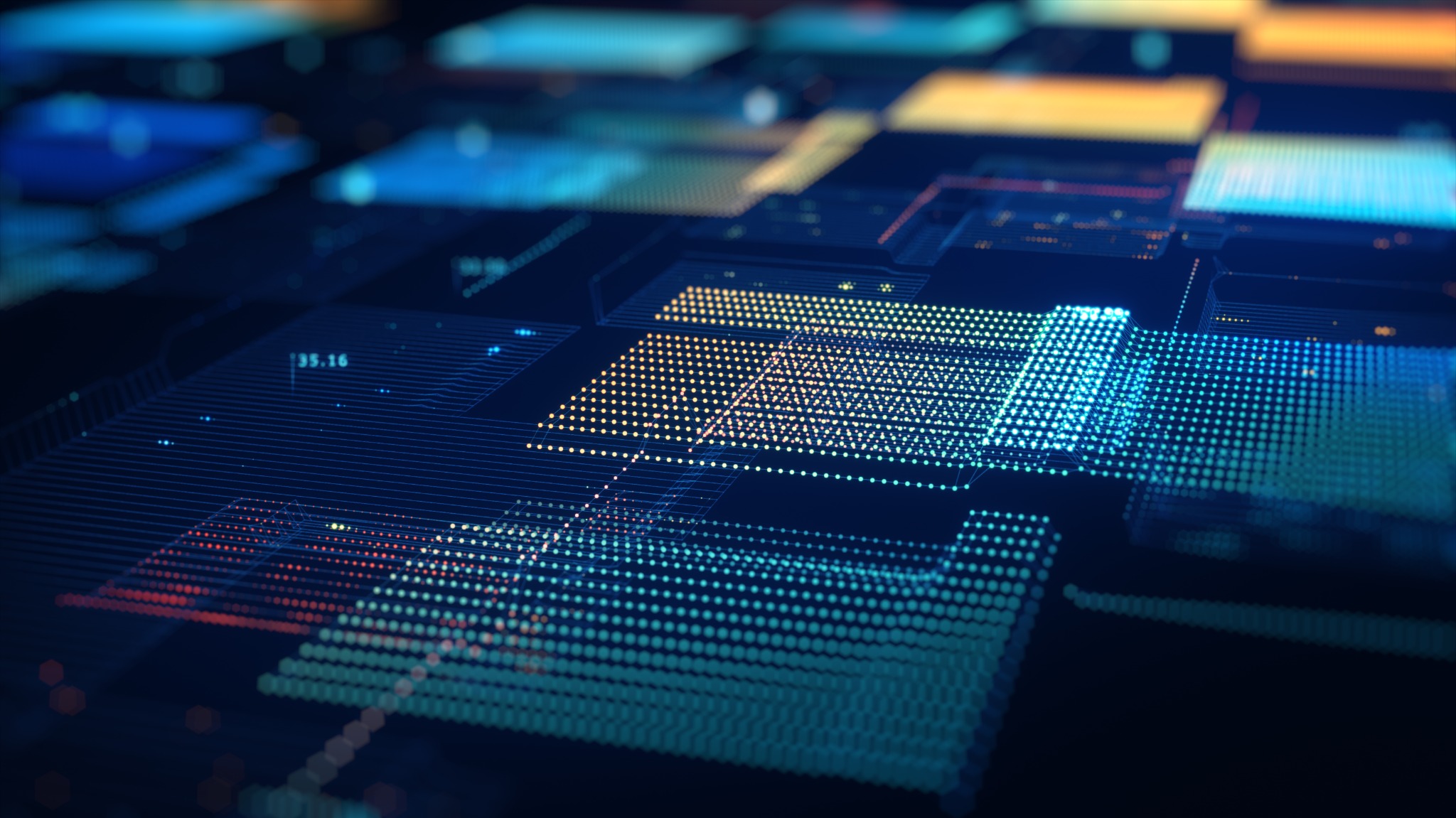 Abstract digital grid with layered blocks in blue, teal, and amber tones.